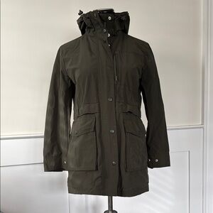 J Crew Green Utility Jacket with High Collar and Mid-Length Design